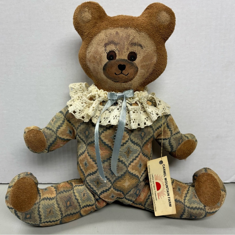 Vintage Collectible Carmel Mountain Farm Suede Hand-painted Weighted Teddy Bear